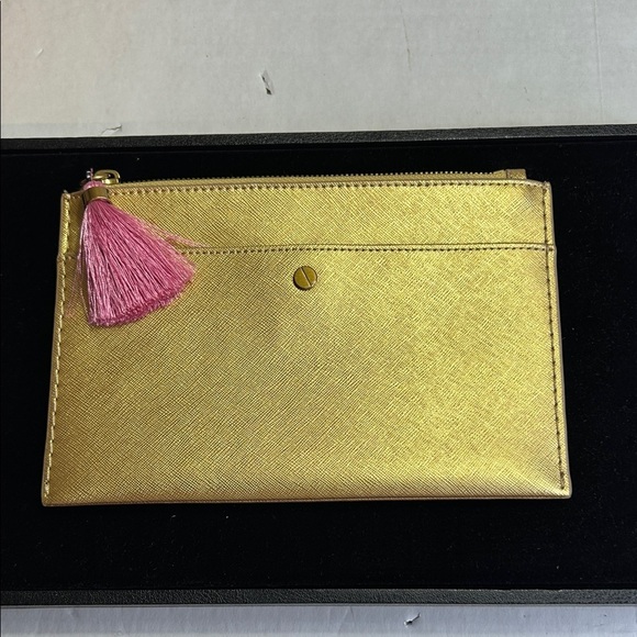 J. Crew Handbags - J.CREW SAFFIANO LEATHER GOLD CLUTCH POUCH TASEL ZIP
